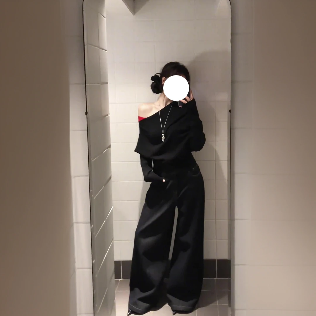 纯色一字肩纯欲显瘦舒适针织毛衣气质牛仔裤冬季两件套装