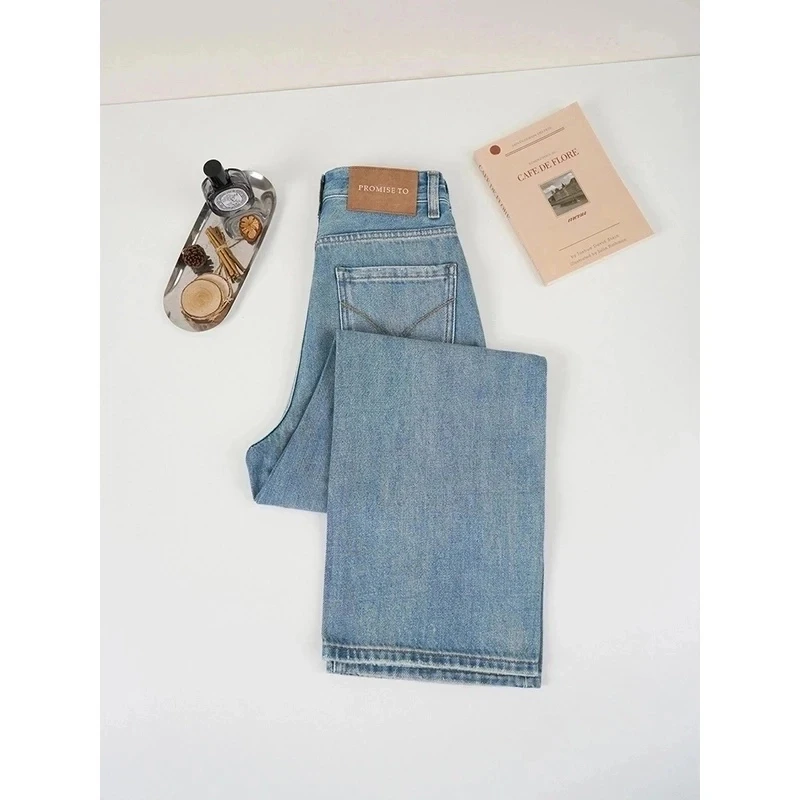 【现货+运费险】2025春夏雾霾蓝窄版阔腿无弹高腰垂坠直筒牛仔裤女