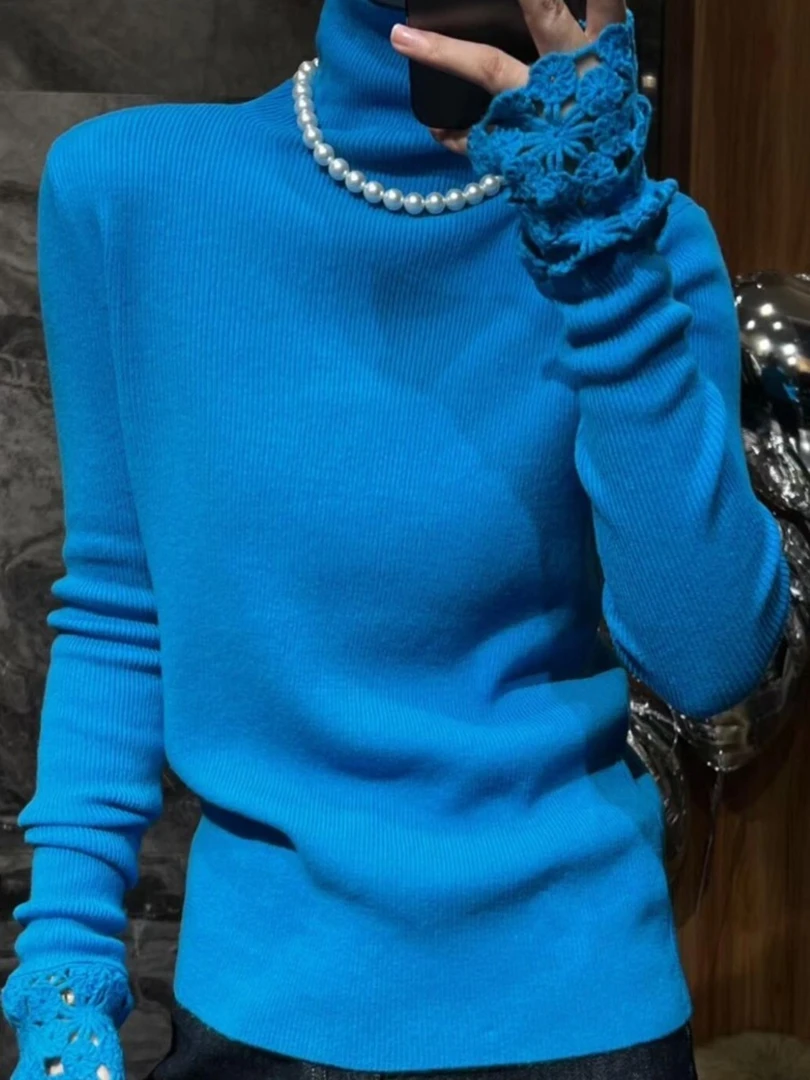 蓝色针织衫2025冬季时尚洋气高级感绝美巨好看设计感修身打底上衣