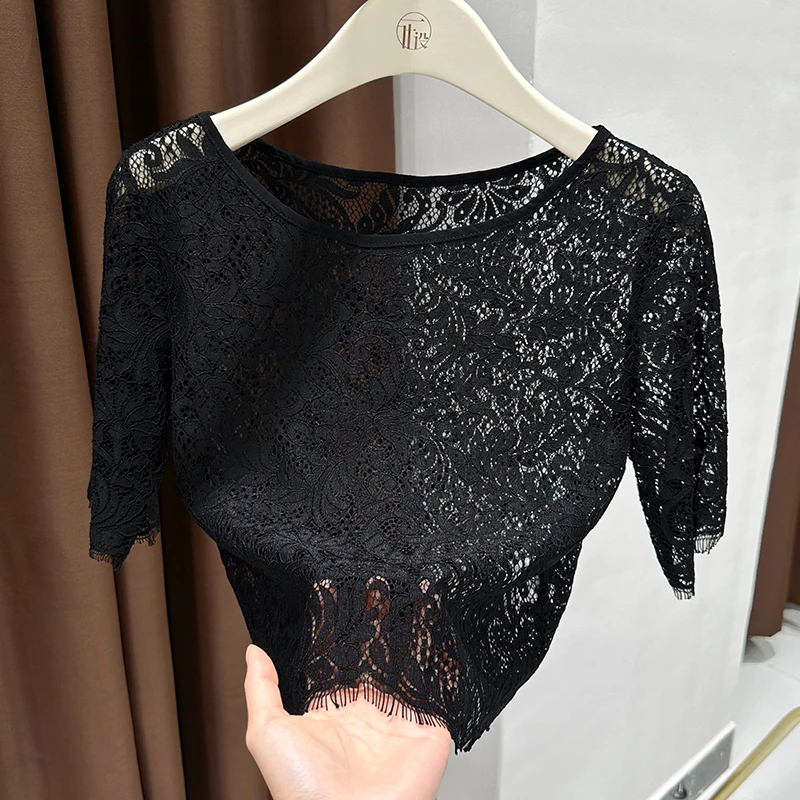 2025夏季爆款软糯睫毛花纹蕾丝洋气上衣简约大圆领中袖高级感内搭