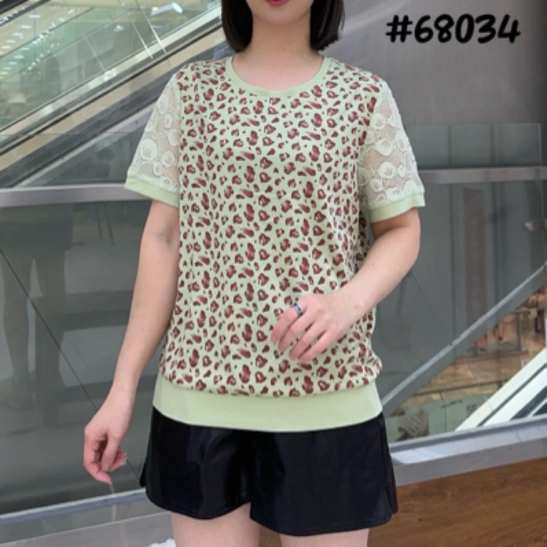 短袖常规圆领短款豹纹宽松型T恤针织蕾丝时尚夏季提花女士6834