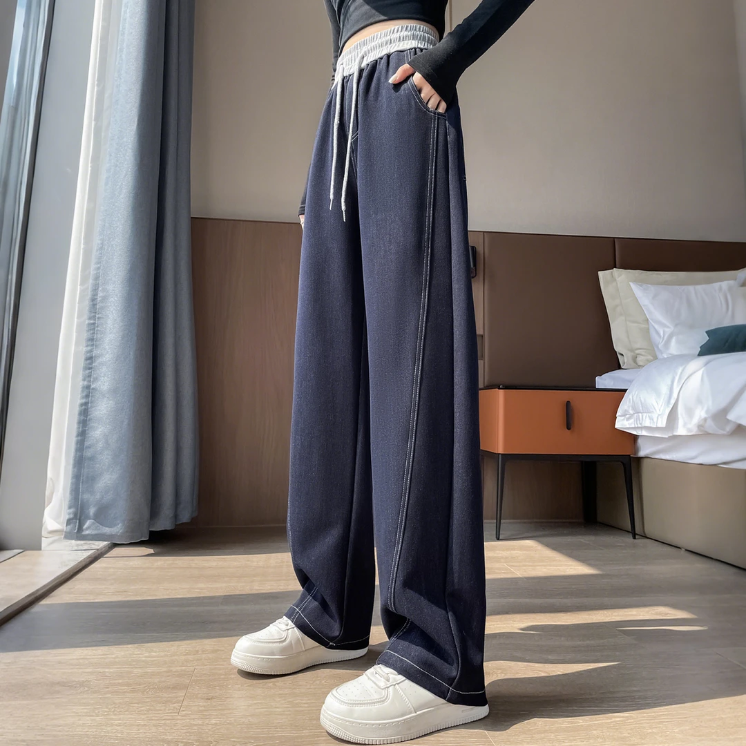 撞色香蕉牛仔裤女2025秋季新款高腰垂感小个子窄版直筒阔腿弯刀裤