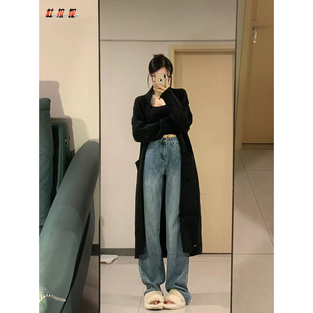 杜拉妮高个子加长美式复古牛仔裤女士初秋高腰直筒宽松阔腿拖地裤