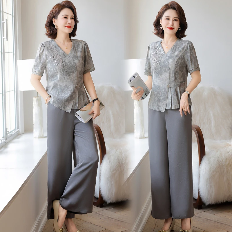 中年妈妈夏装气质套装2025新款时尚中老年女夏季短袖小衫洋气上衣