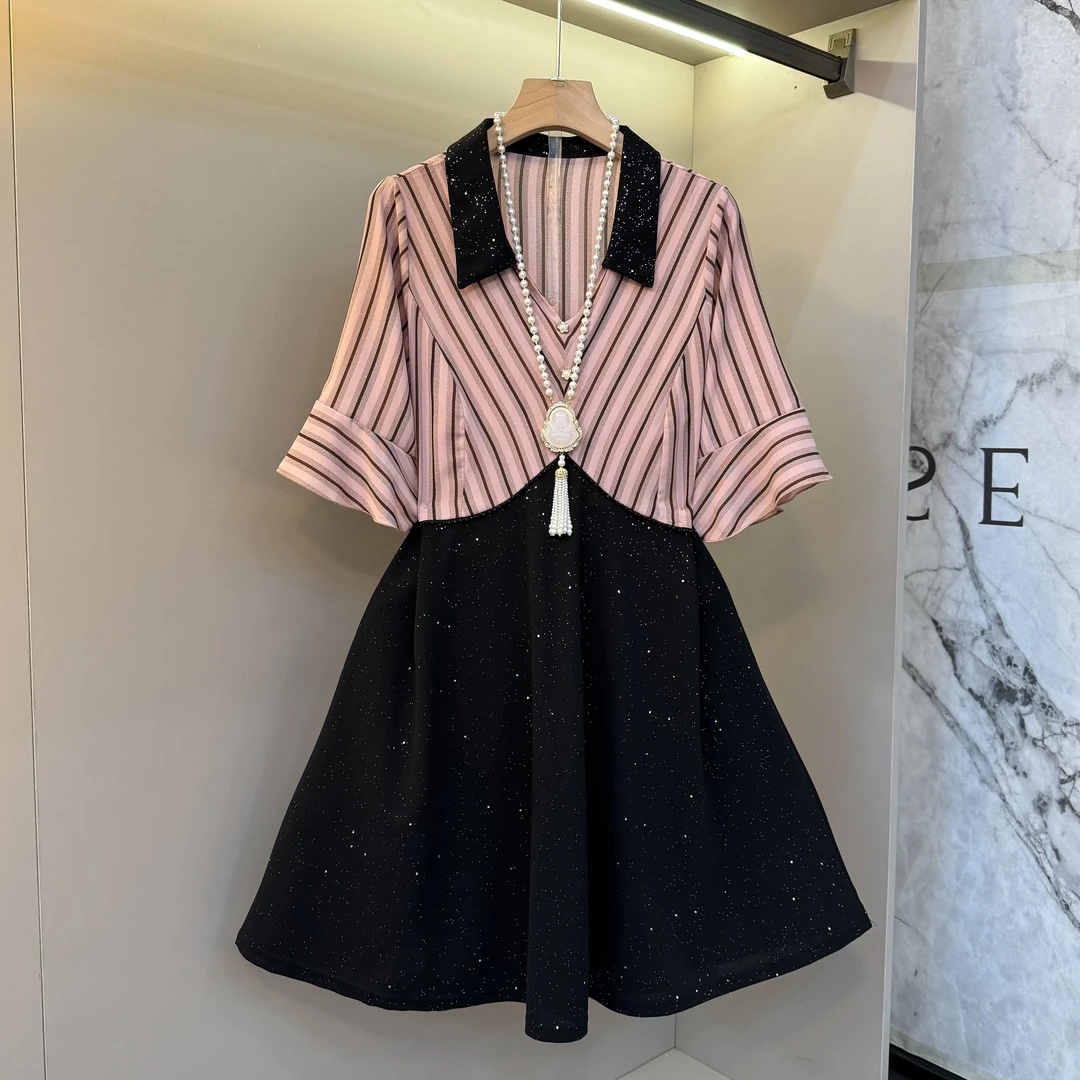 大码夏季新品时尚翻领韩系撞色拼接撒星版小香风显瘦连衣裙8030