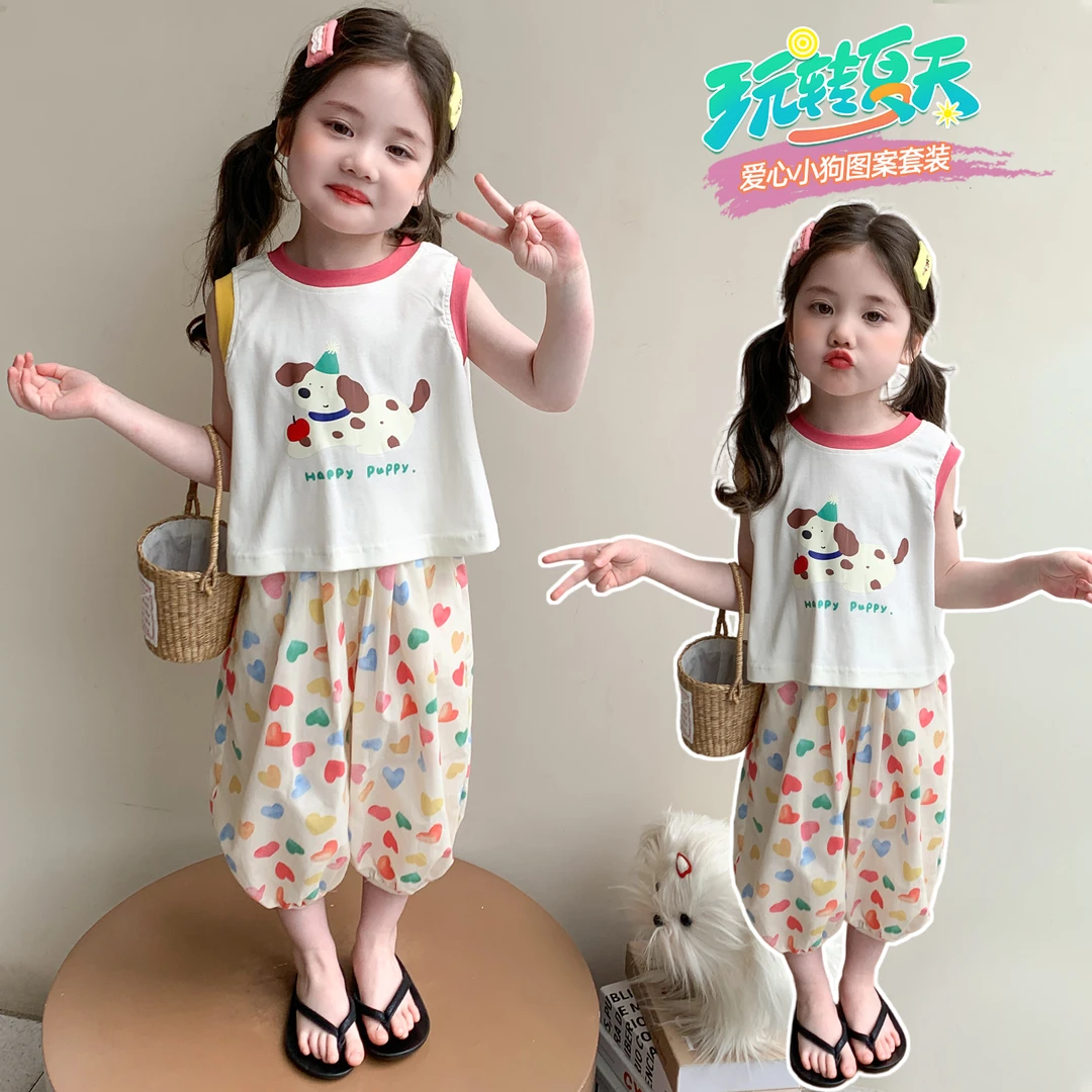 女童无袖套装洋气儿童夏季2025新款女宝宝防蚊裤两件套小女孩时髦