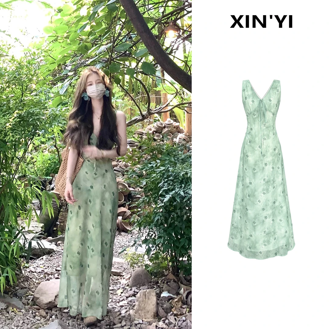 夏日氛围感碎花v领连衣裙+开衫L  8835#
