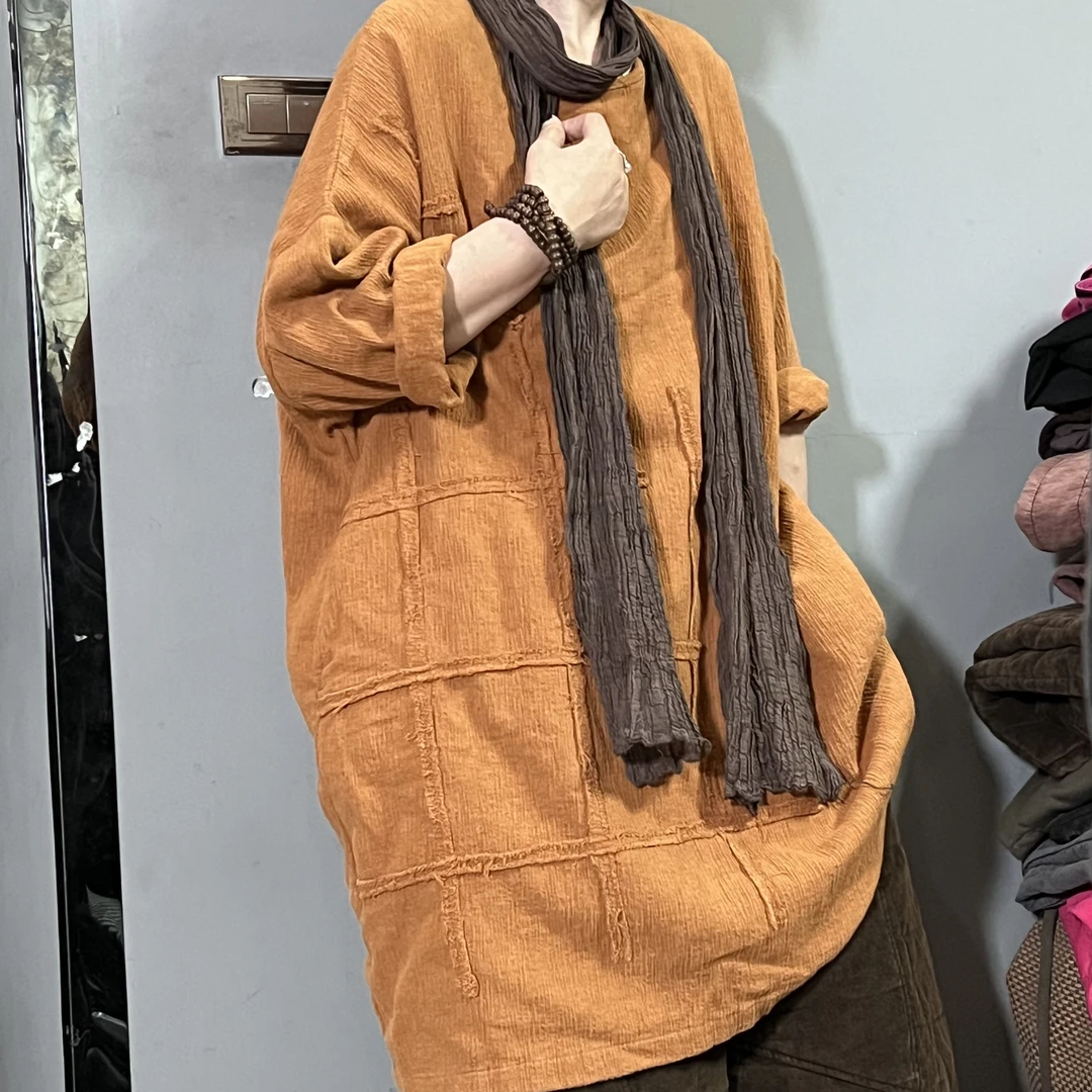 艾沸儿推荐 姜黄色春款亚麻袍