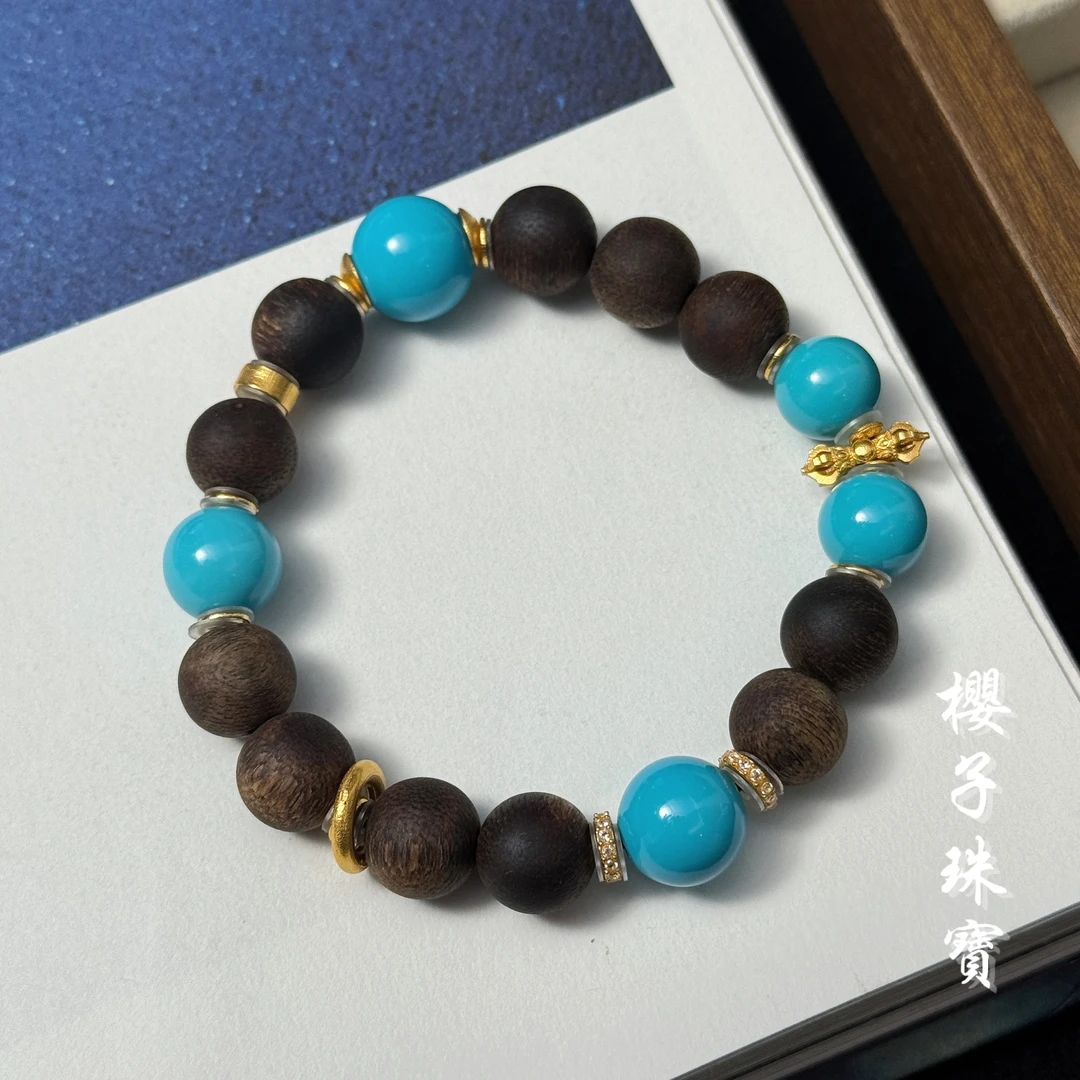 沉香| 亦蓝 18K金沉香原矿绿松高瓷蓝圆珠时尚设计手串*YZCXS3022