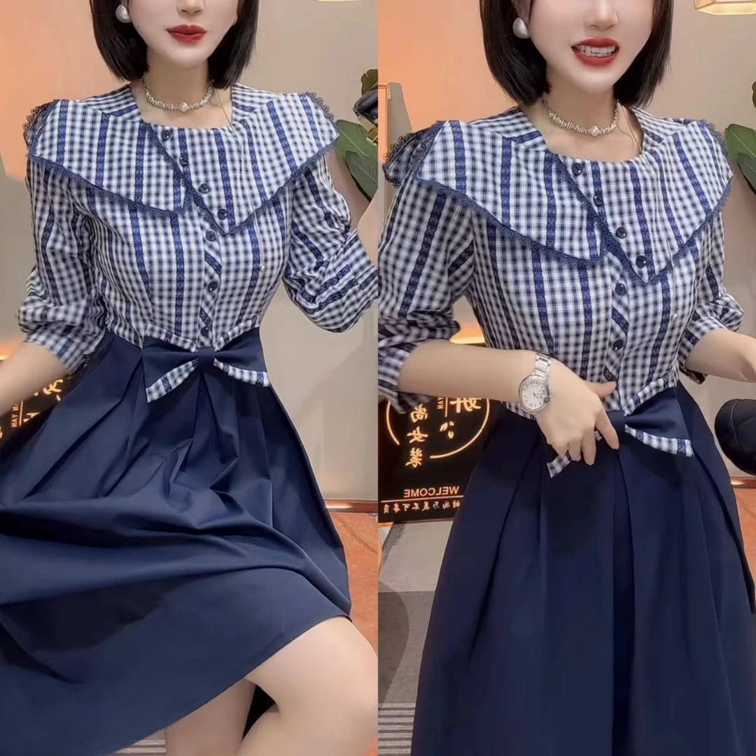 时尚收腰格子拼接中长款连衣裙