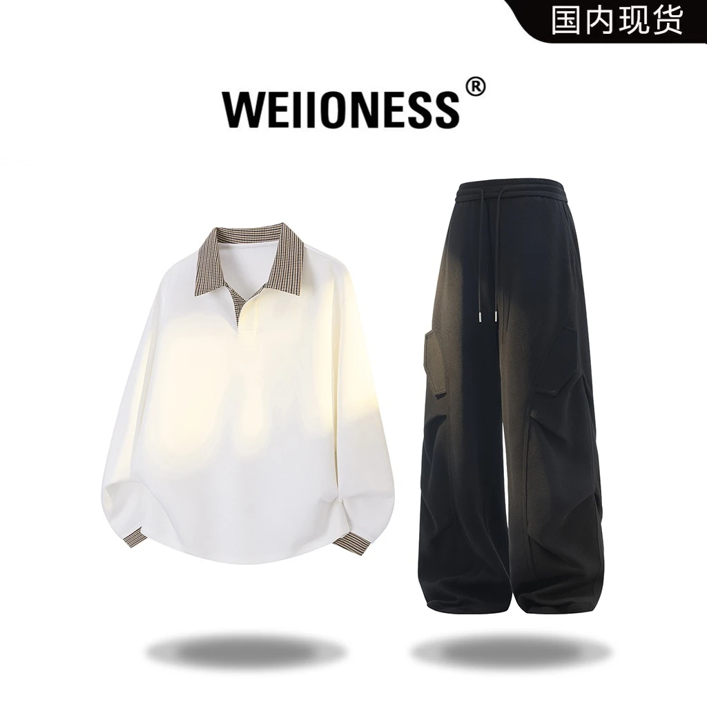 WEIIONESS拼接卫衣套装男款秋季休闲宽松痞帅潮流两件套轻奢男装