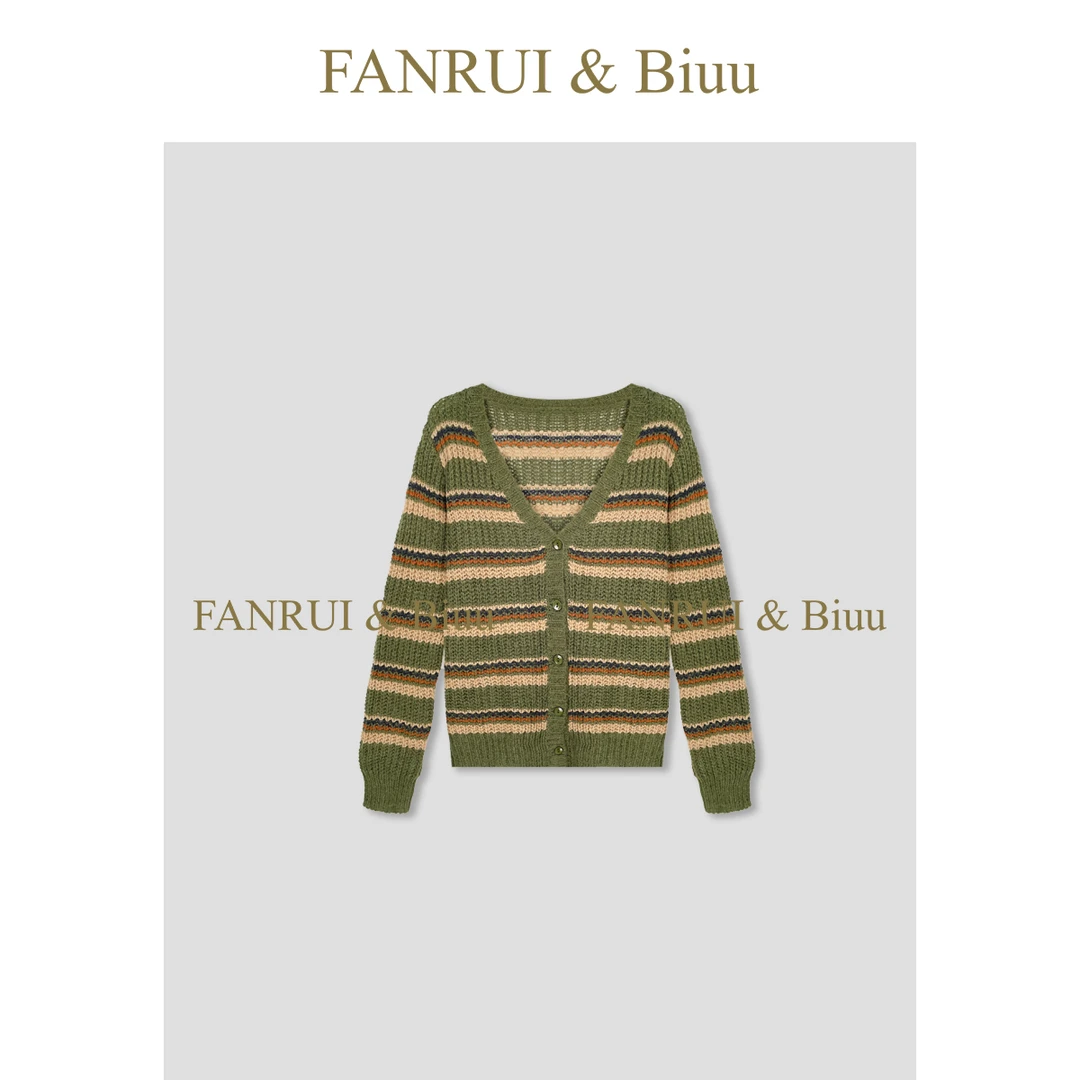 FANRUI/泛芮「安然予你」马海羊毛混纱条纹减龄气质针织开衫B18389