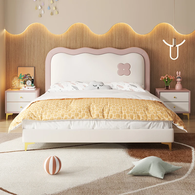 奶油风儿童床现代简约皮艺床男女孩公主床大小户型储物皮床软包床