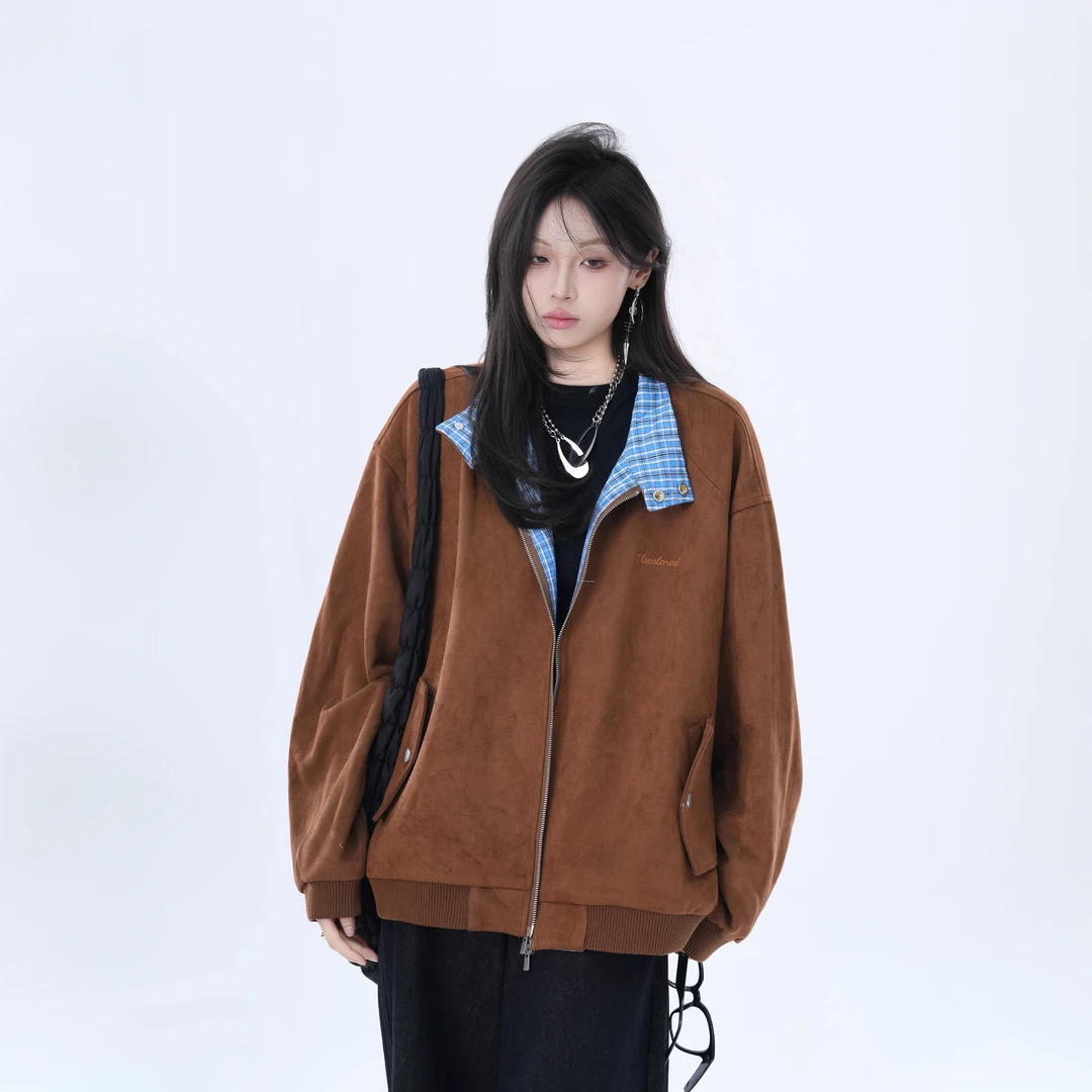 美式复古新款设计感格子拼接棕色夹克女秋季美拉德宽松工装外套