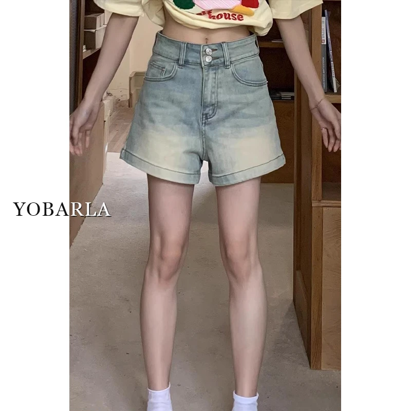 浅色复古高腰牛仔短裤女夏季新款大码修身显瘦梨型身材a字短裤