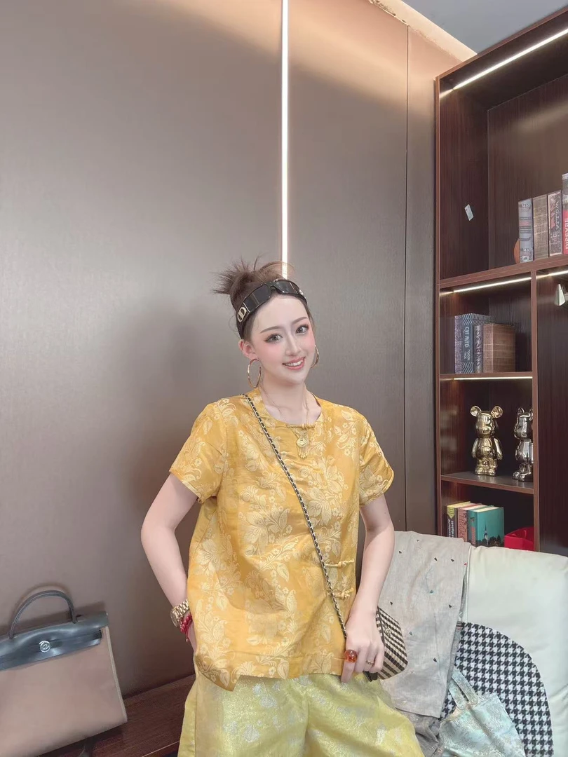 【沐木家】“碧玺”夏款国风斜襟织花桑蚕丝衬衫短袖09294-7