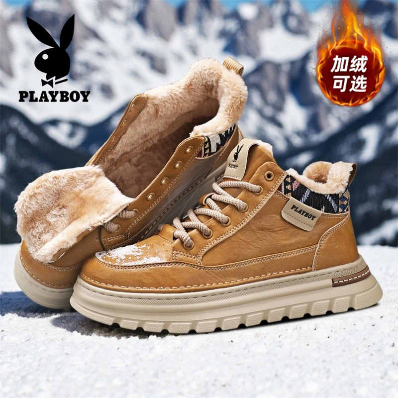 PLAYBOY/花花公子高帮男鞋英伦风板鞋厚底马丁靴冬季加绒保暖棉鞋