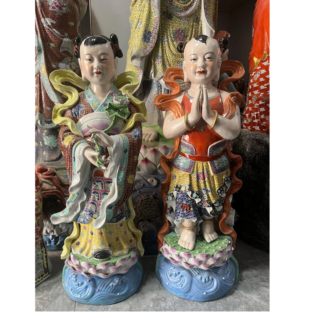 善财童子善财龙女景德镇雕塑瓷老款金童玉女观音菩萨左右护法神将