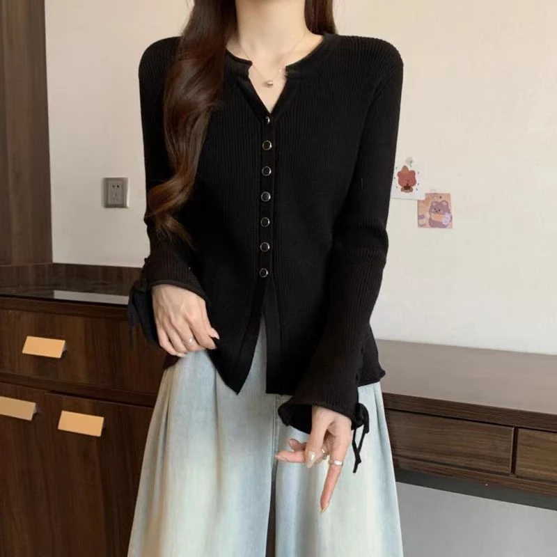 韩版长袖轻职风女毛衣灯笼袖春秋开衫针织纽扣宽松