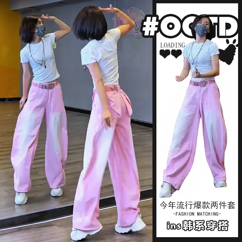 高级感小洋装套装女夏季设计感别致气质粉色阔腿裤搭修身短袖T恤