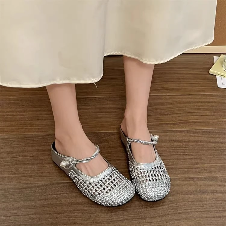 网面透气平底玛丽珍半拖鞋女夏季新款镂空编织配裙子凉鞋子