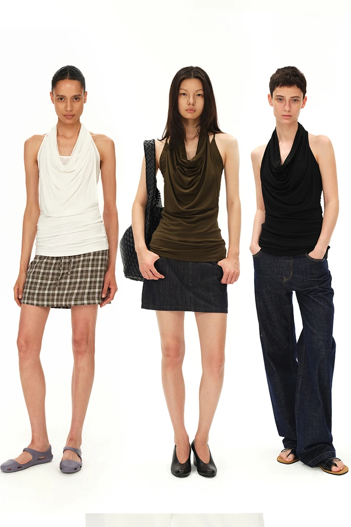 SMIIILE凉感莱赛尔天丝荡领挂脖上衣夏季假两件气质修身无袖背心