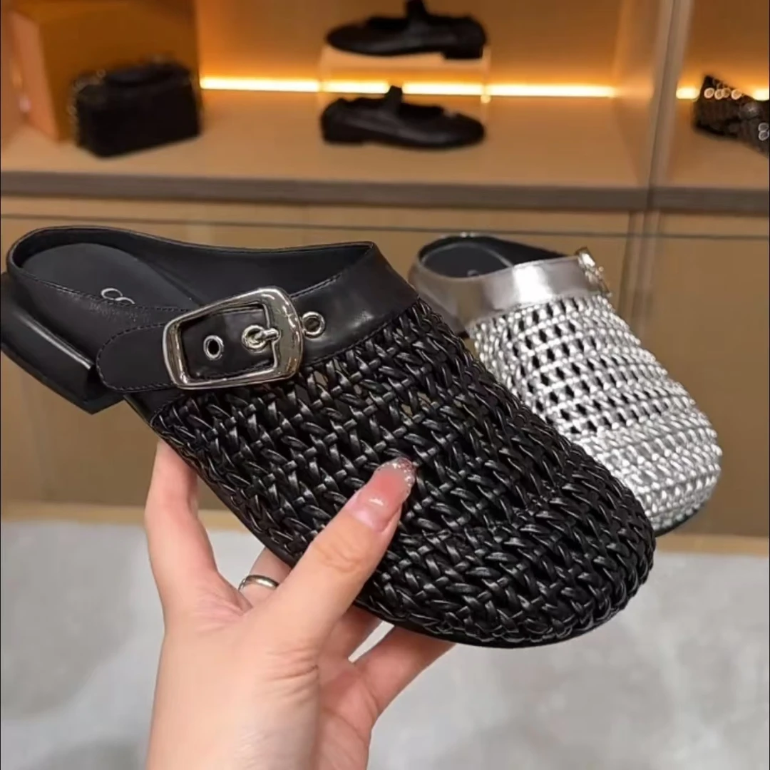 2.5cm时尚包头半拖鞋女外穿2025春夏新款法式编织风圆头低跟凉拖