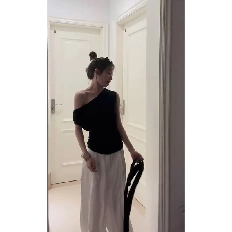 2025夏季新款韩系辣妹纯欲风斜肩流行T恤上衣百搭休闲轻薄长裤女