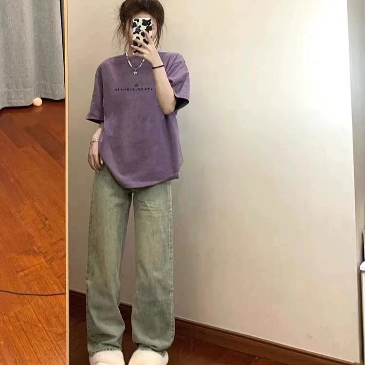 纯棉紫色短袖t恤女2025夏季新款宽松复古独特别致设计感小众上衣