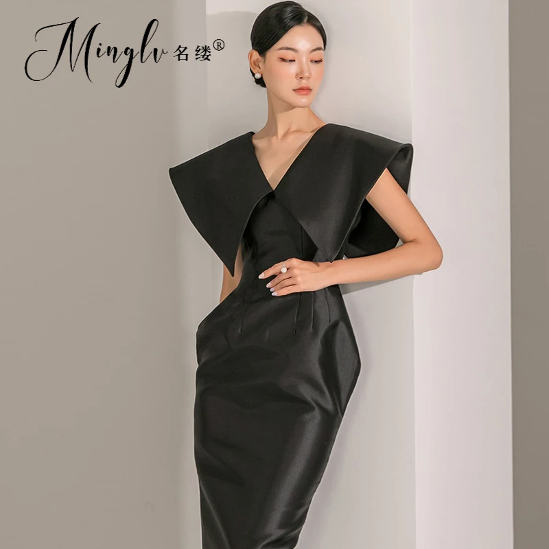 名缕女装2025春夏韩版优雅贵妇高腰大领无袖晚礼服长款连衣裙