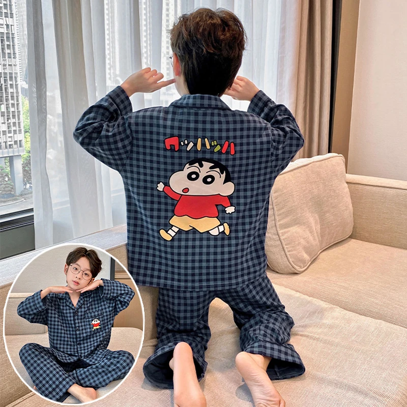 男童睡衣春秋季款纯棉长袖2025新款男孩卡通蜡笔小新青少年家居服
