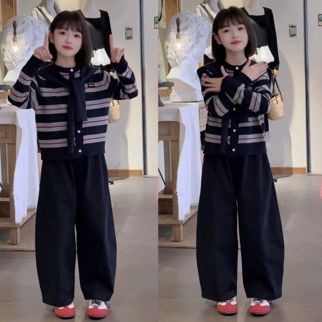 女童秋季新款儿童韩系时尚条纹针织披肩开衫毛衣休闲弯刀裤两件套