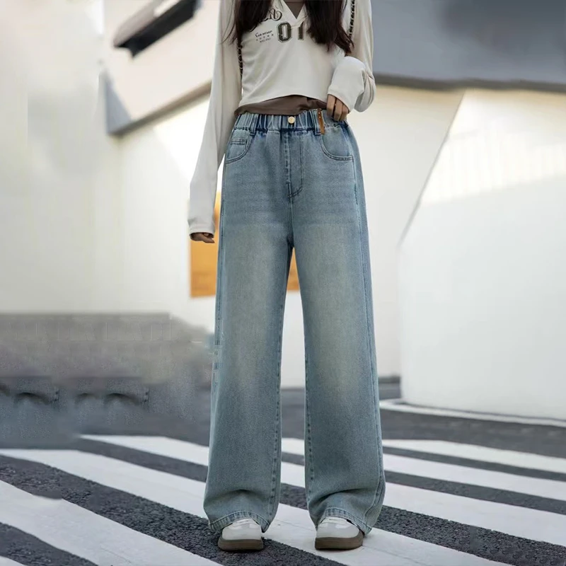 女童裤子2025春季新款牛仔裤中大童时尚百搭洋气阔腿裤初中生长裤