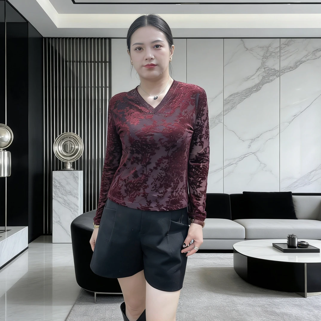 26时尚气质女植绒蕾丝V领长袖打底衫显瘦百搭