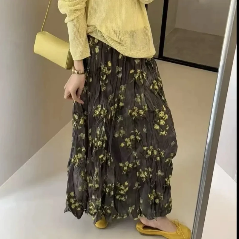 2025春夏褶皱印花半身裙时尚减龄百搭小碎花中长裙女松紧腰裙长90