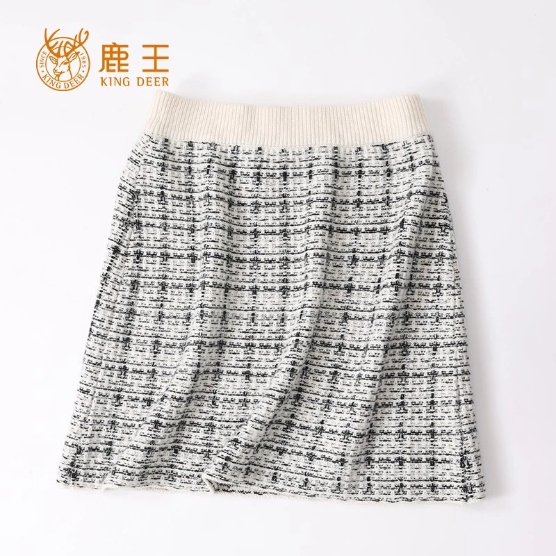编码2024125鹿王24秋冬新款女松紧腰100山羊绒小香风针织短裙 厚