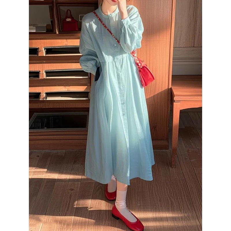 2025春季小个子漂亮独特绝美高级感小香风显瘦蓝色长袖衬衫连衣裙