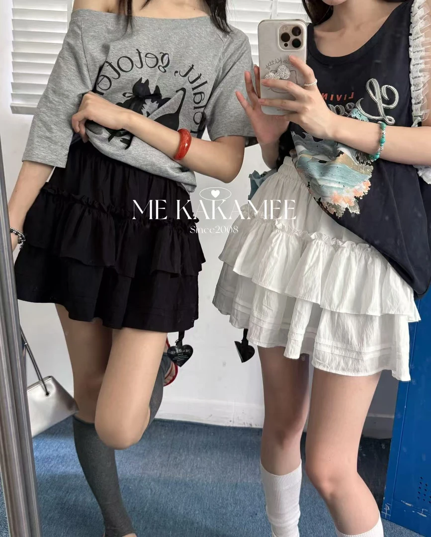 纯色蛋糕裙！百搭日常双层荷叶边短款半裙（KA638#）KAKAME