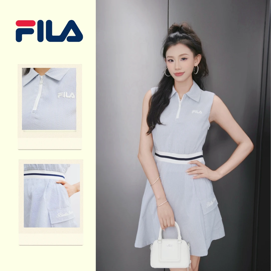 FILA/斐乐女装夏新款时尚休闲无袖条纹收腰背心连衣裙F11W529314F