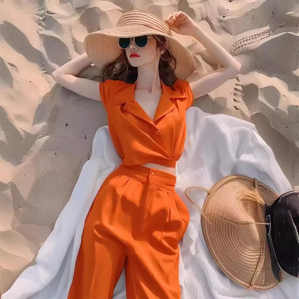 夏日多巴胺穿搭干练气质橘色衬衫女装套装裤轻奢高级感女人味7228
