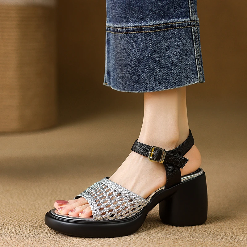 小个子手工女鞋7.5cm~圆头复古编织露趾凉鞋新款不累脚厚底高跟鞋