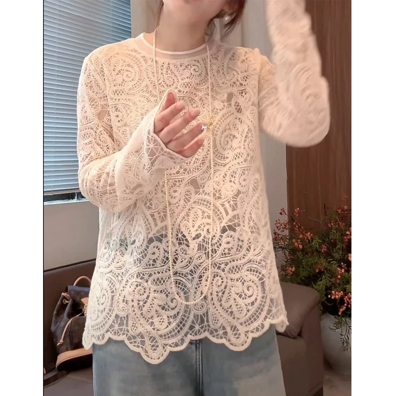 设计感蕾丝长袖打底女T恤内搭轻奢高级百搭气质镂空小衫上衣8051