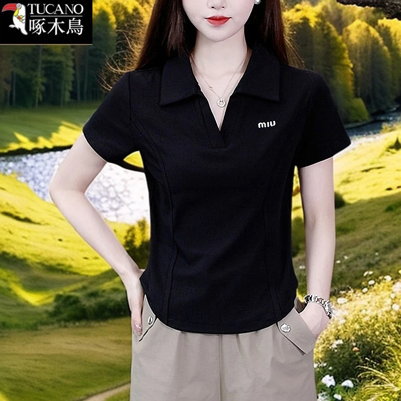 啄木鸟短袖POLO领运动t恤2025年夏季新款中年减龄纯色刺绣上衣女