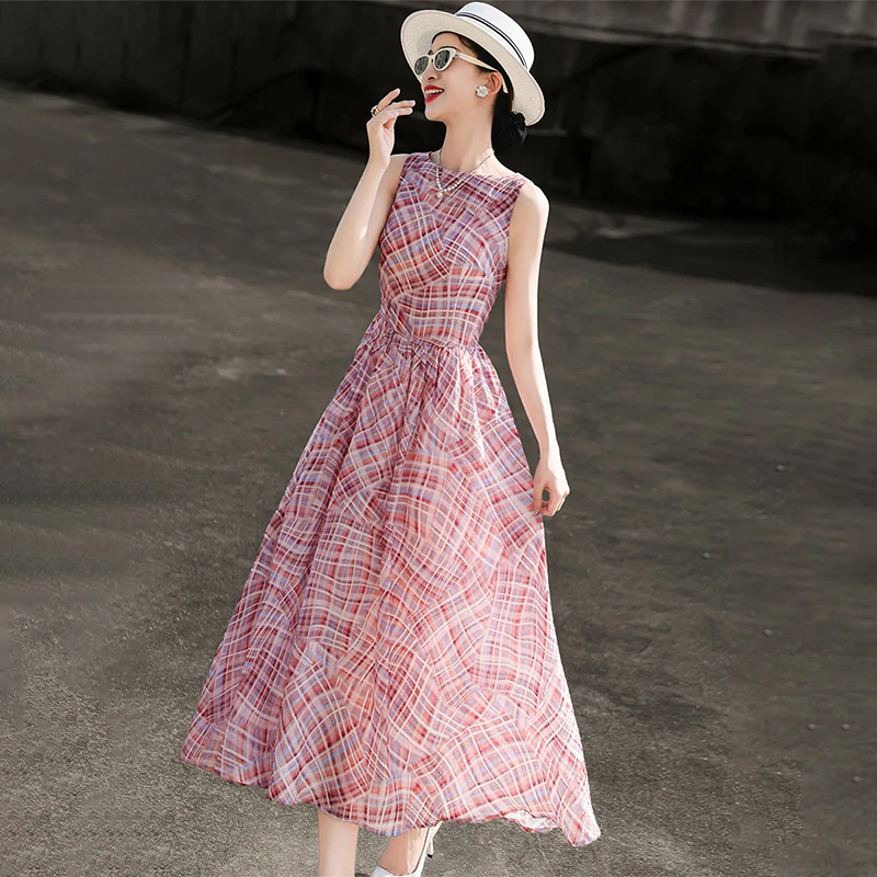 MEXCOCO/兰瑟儿夏新款气质法式优雅风格子圆领连衣裙105XL2614