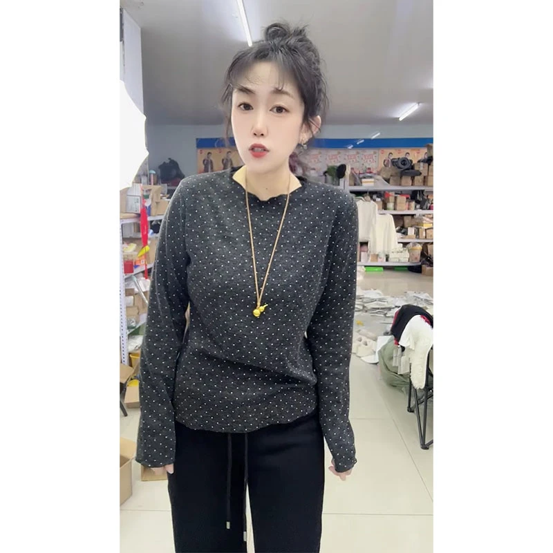 网红高品质抗皱波点高弹木耳圆领长袖T恤秋冬新款套头显瘦打底衫