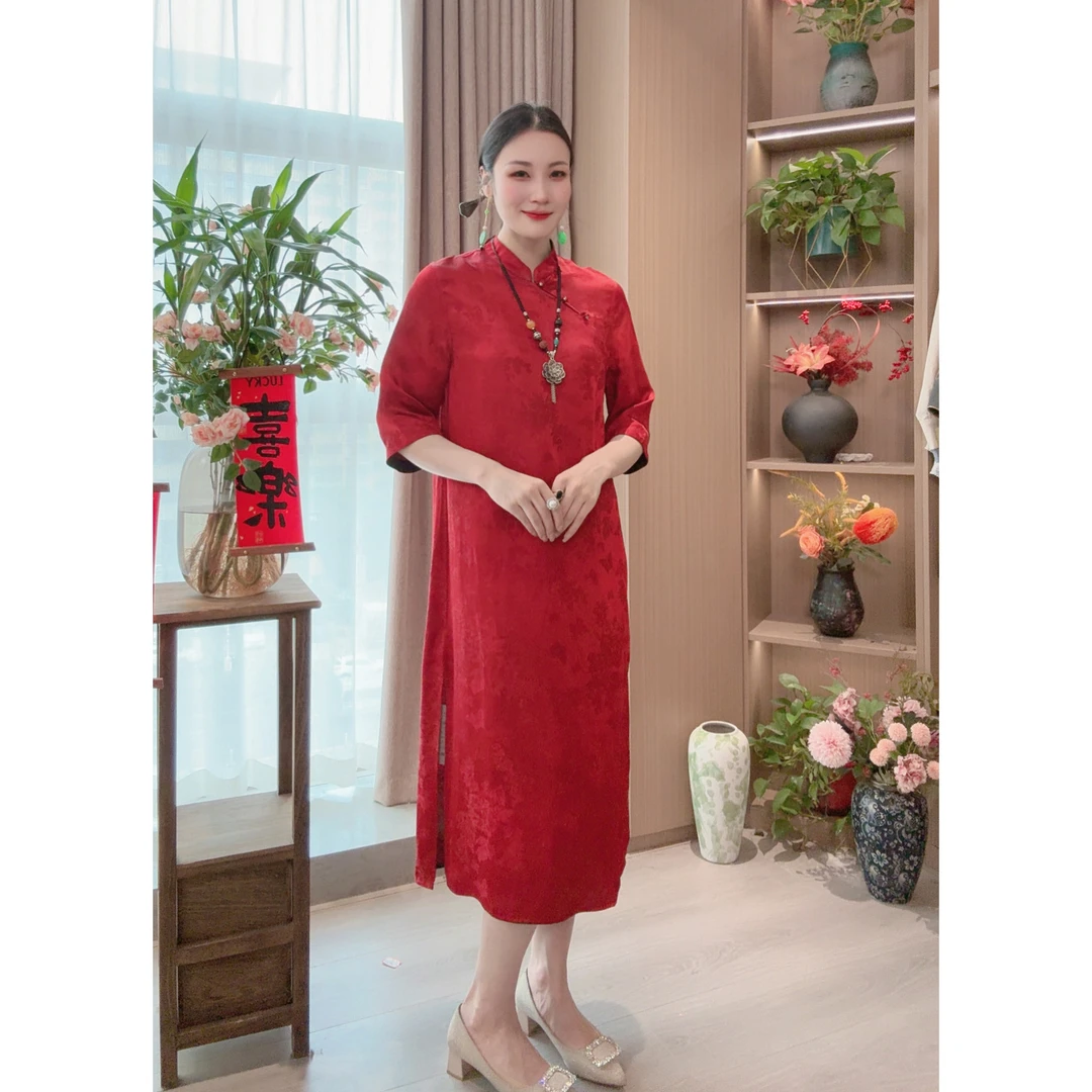 【湘妃】春季双面双穿新中式连身裙子女装国风人丝立领七分袖连衣裙