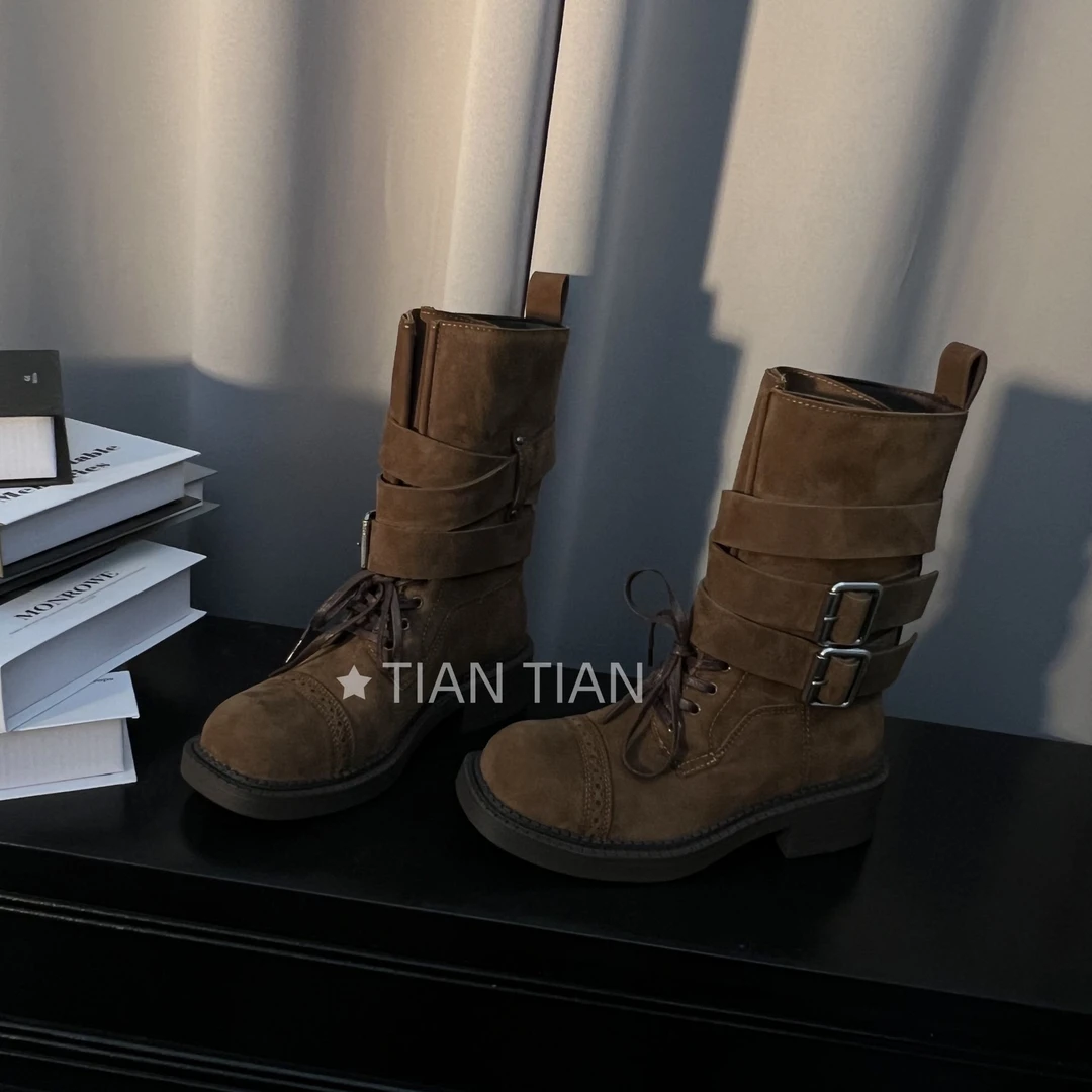 2025年新款真皮中筒靴骑士靴英伦风时尚复古女鞋