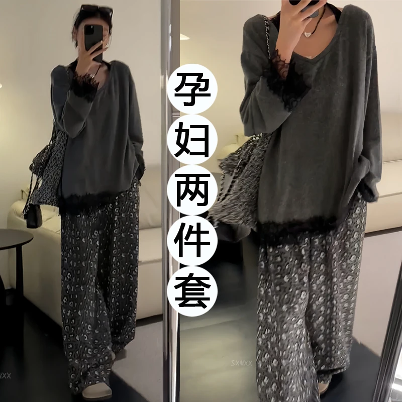孕妇装2025秋季款设计感拼接蕾丝系带上衣百搭豹纹垂感休闲裤套装