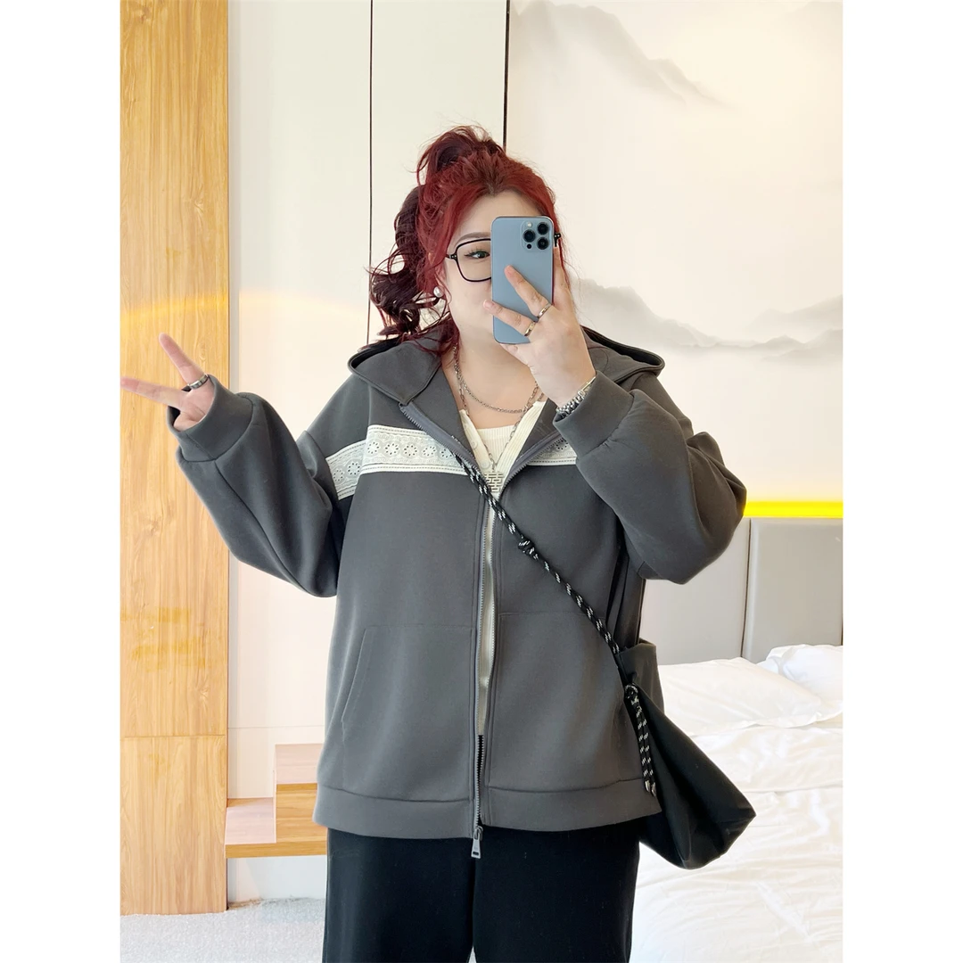 断码捡漏~栗子松糕 / 蕾丝拼贴连帽卫衣外套14049花契大码200斤