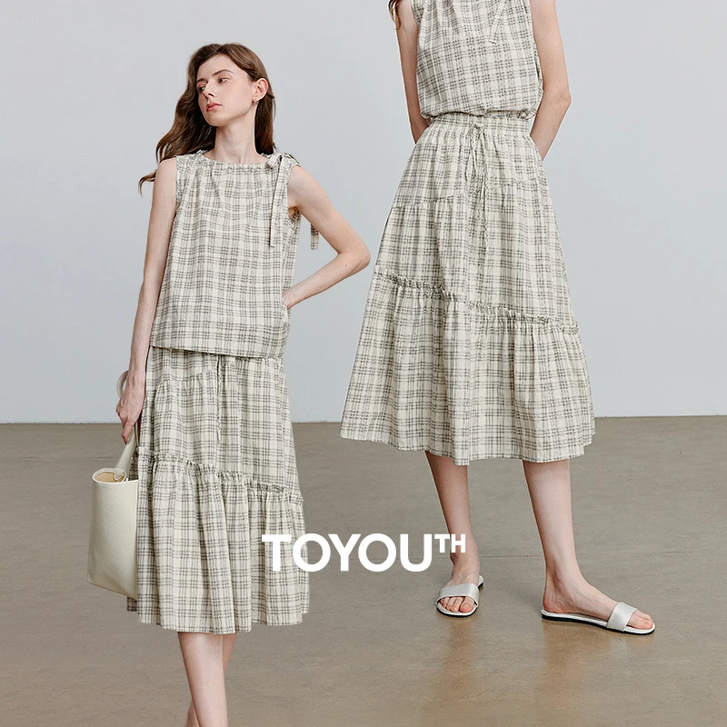 【初语服装】初语凉感莱赛尔挂脖上衣拼接半身裙两件套装8520093